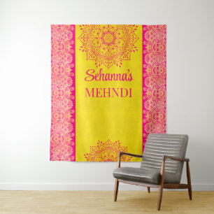 Magenta cerise bright yellow Mehndi photo backdrop Tapestry