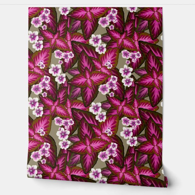 Magenta Coleus Garden Bold Tropical Floral Wallpaper (Unrolling)