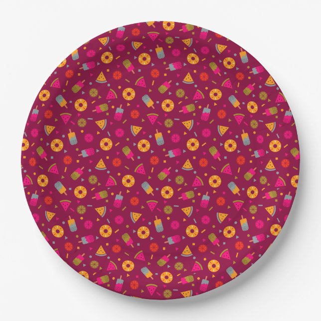 Magenta colourful summer ice-cream pattern paper plate (Front)