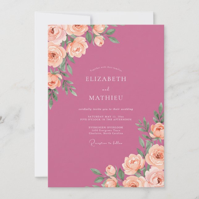 Magenta Coral Painted Wedding Invitation (Front)