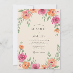 Magenta Coral Ranunculus Soft Eucalyptus Wedding Invitation