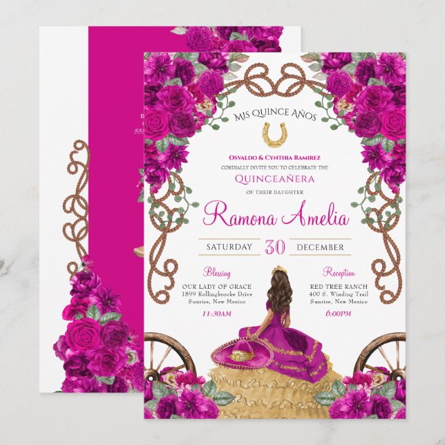 Magenta Country Western Hot Pink Rose Quinceañera Invitation (Front/Back)