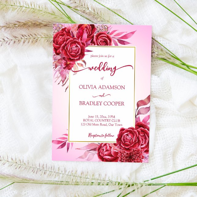 Magenta crimson burgundy flowers roses pink ombre invitation (Creator Uploaded)