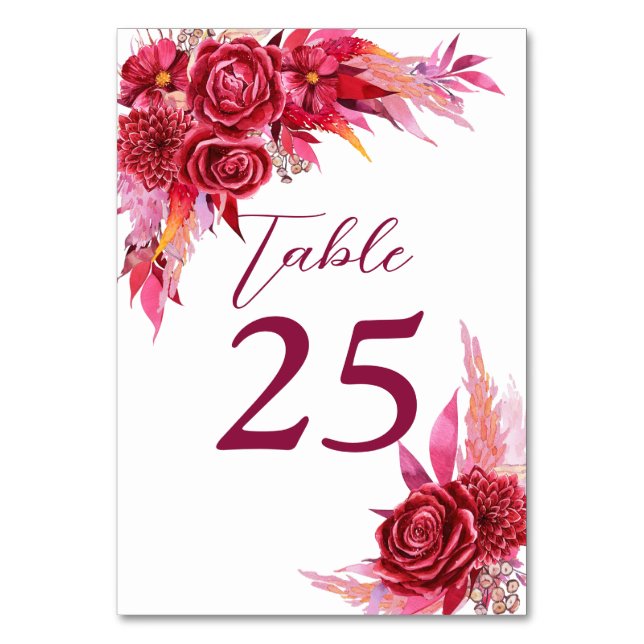 Magenta crimson burgundy flowers table number (Front)