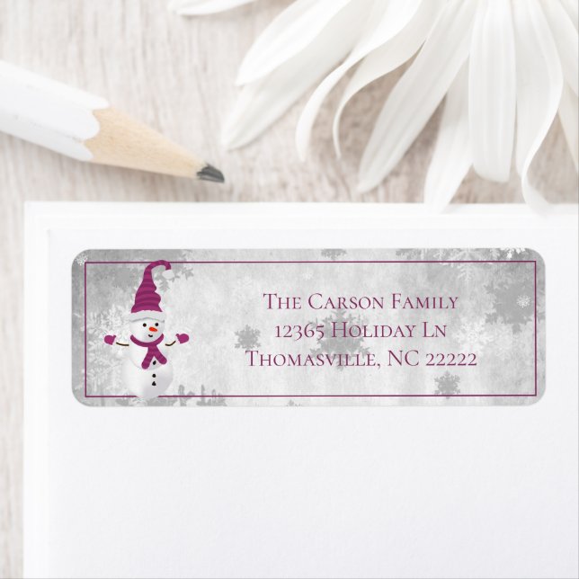 Magenta Cute Snowman Address Label (Insitu)