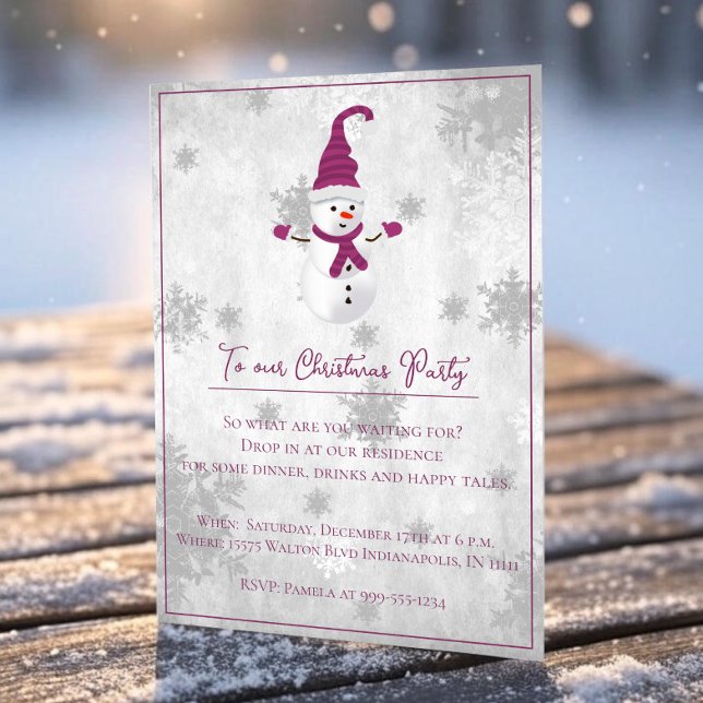 Magenta Cute Snowman Christmas Party Invitation (Magenta Cute Snowman Christmas Party Invitation)