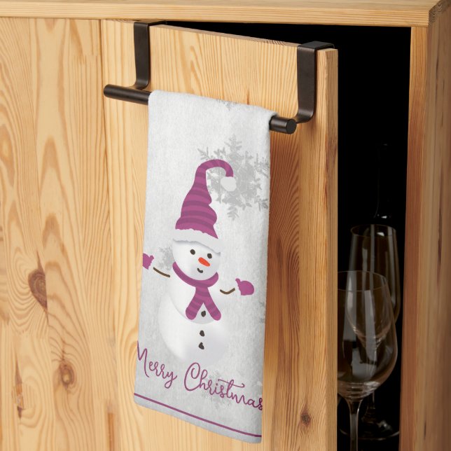 Magenta Cute Snowman Holiday Kitchen Towel (Thirds Fold)