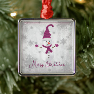 Magenta Cute Snowman Holiday Ornament