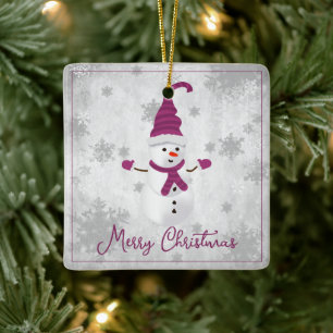 Magenta Cute Snowman Holiday Ornament
