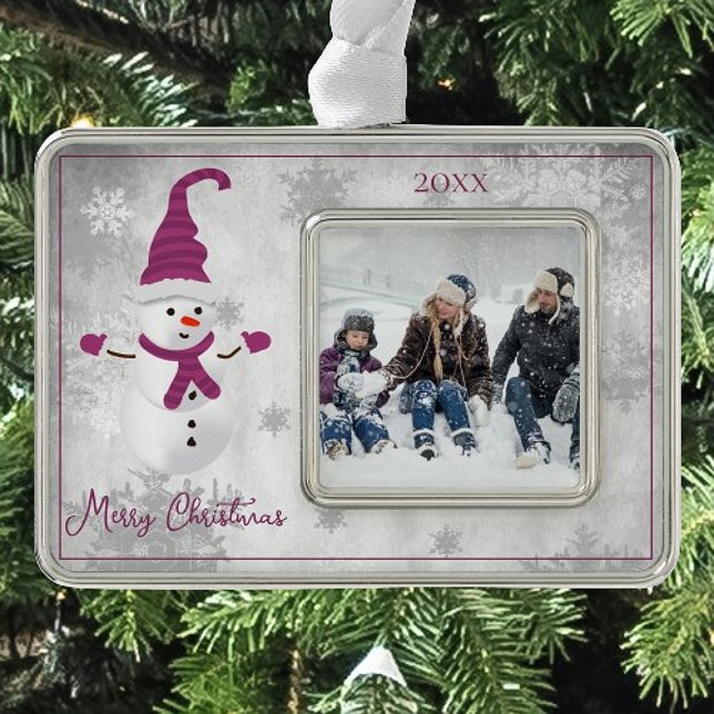 Magenta Cute Snowman Holiday Photo Silver Plated Framed Ornament (Magenta Cute Snowman Holiday Ornament)