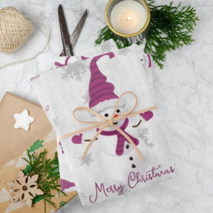 Magenta Cute Snowman Wrapping Paper Sheets