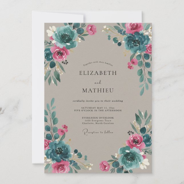 Magenta Cyan Ranunculus Eucalyptus Wedding Invitation (Front)