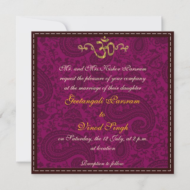 Magenta damask brocade Hindu wedding Invitation (Front)