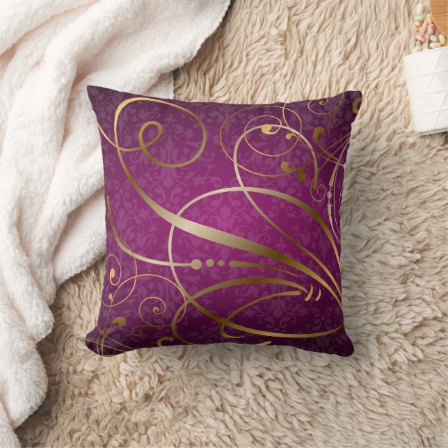 Magenta Damask Gold Swirls Flourishes Cushion (Blanket)