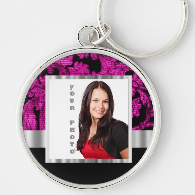 Magenta damask instagram photo template key ring (Front)
