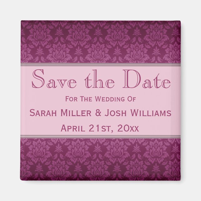 Magenta Damask Save the Date Magnet (Front)