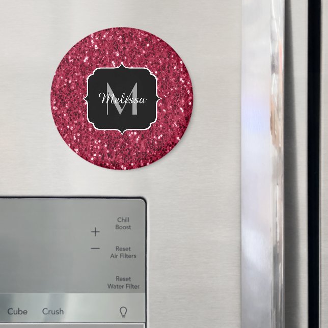 Magenta dark pink red sparkle glitter Monogram Magnet (In Situ (Fridge))