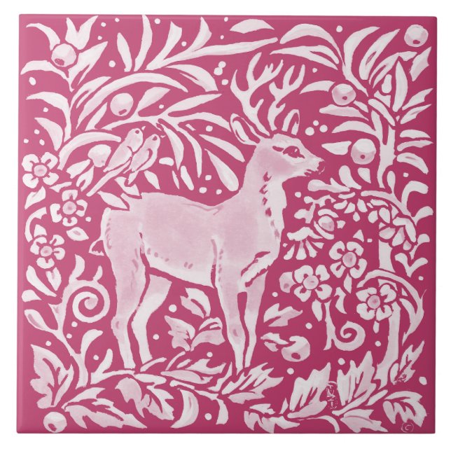 Magenta Deer Bird Animal Nature Woodland Floral Tile (Front)