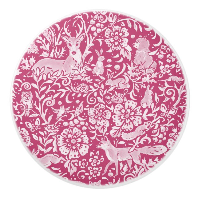 Magenta Deer Fox Rabbit Woodland Animal Nature Ceramic Knob (Front)