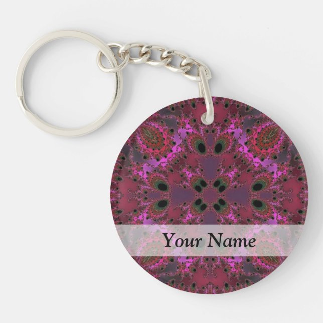 Magenta digital fractal pattern key ring (Front)