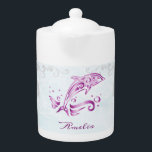 Magenta Dolphin Personalised<br><div class="desc">Enjoy your tea with a Magenta Dolphin Personalised Teapot.  Teapot design features a vibrant metallic dolphin against a muted seascape adorned elegant scrolls with an area to personalise with your name.  Additional gift items available with this design as well as a variety of colours.</div>