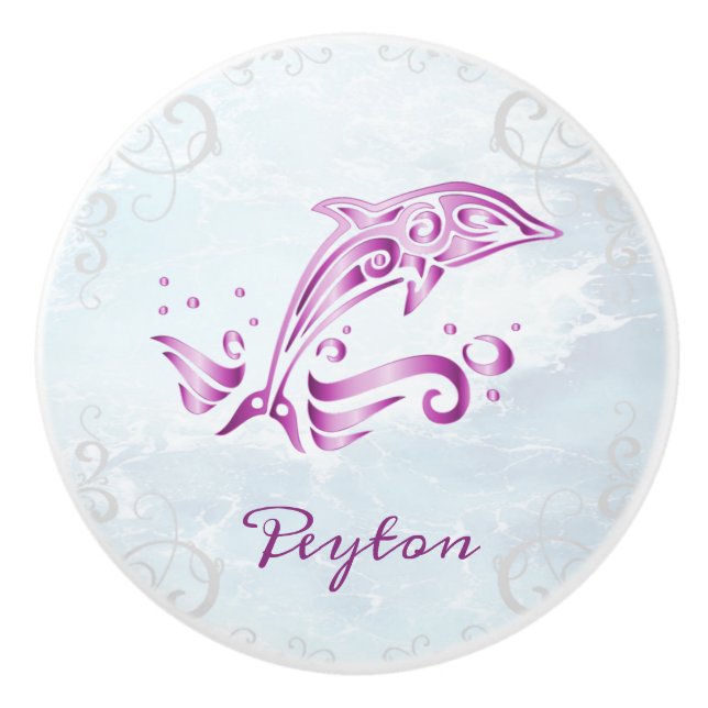 Magenta Dolphin Personalised Ceramic Knob (Front)