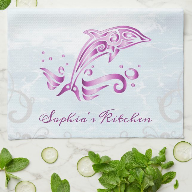 Magenta Dolphin Personalised Kitchen Towel (Folded)