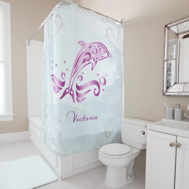 Magenta Dolphin Personalised Shower Curtain (In Situ)