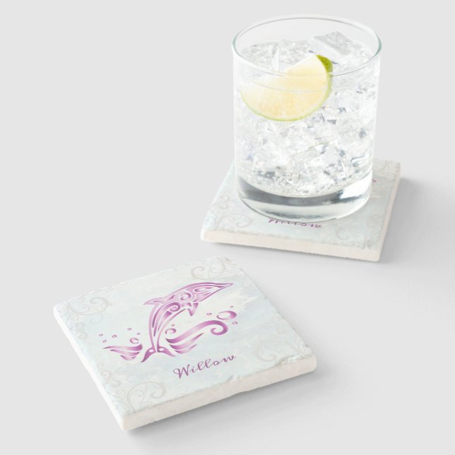 Magenta Dolphin Personalised Stone Coaster (Side)
