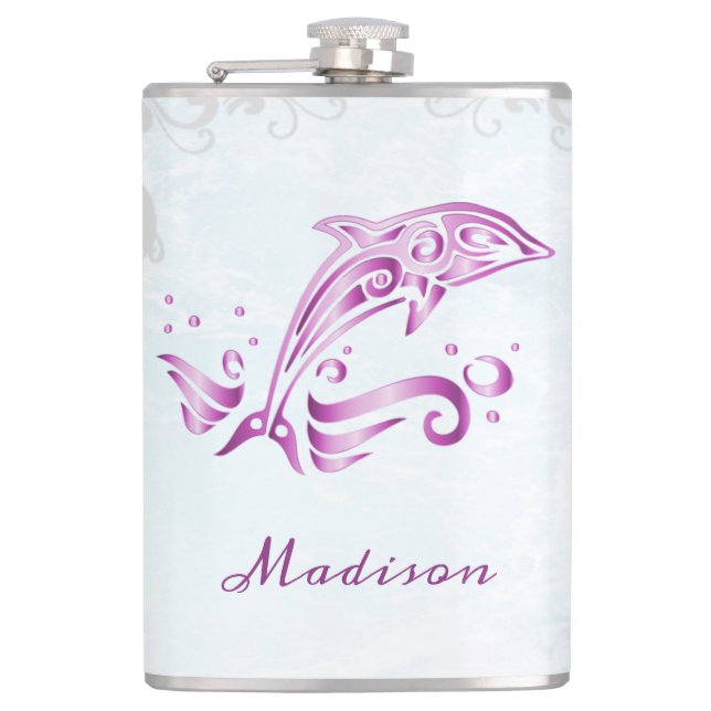 Magenta Dolphin Vinyl Wrapped Flask (Front)
