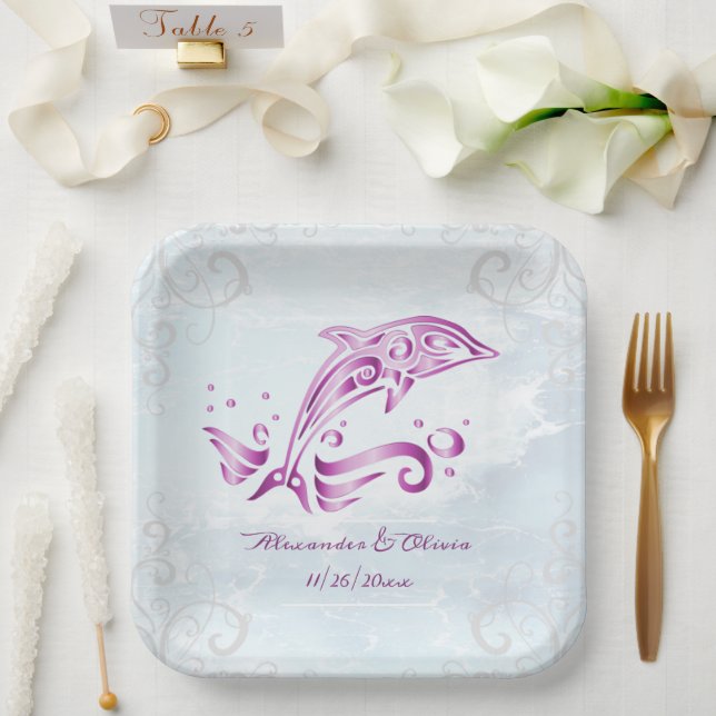 Magenta Dolphin Wedding Shower Paper Plate (Wedding)