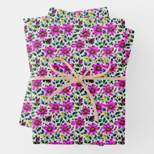 Magenta Doodle Flowers Wrapping Paper Sheet