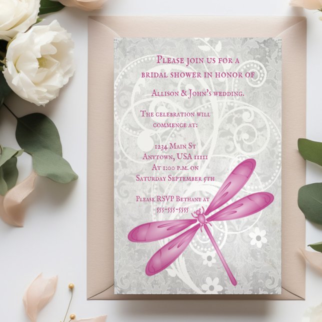 Magenta Dragonfly Bridal Shower Invite (Magenta Dragonfly Bridal Shower Invitation)