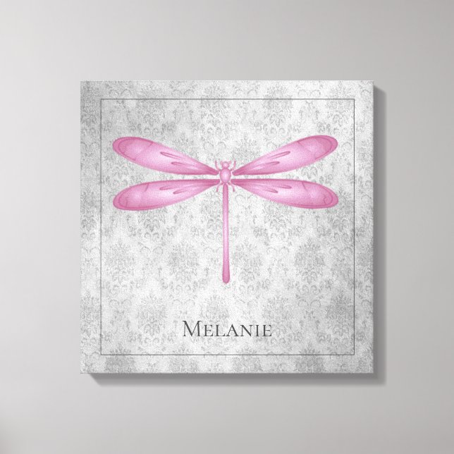 Magenta Dragonfly Damask Canvas Print (Front)