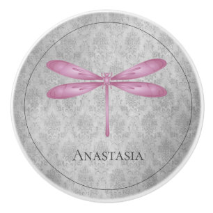 Magenta Dragonfly Damask Ceramic Knob