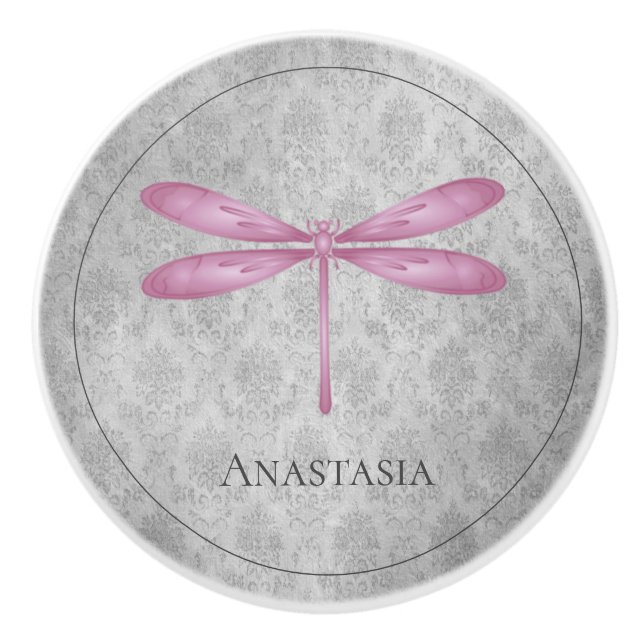 Magenta Dragonfly Damask Ceramic Knob (Front)