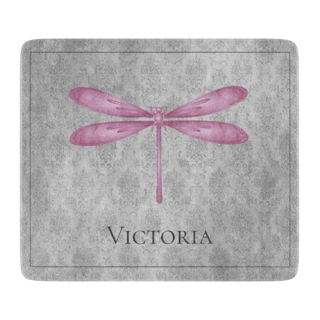 Magenta Dragonfly Damask Cutting Board (Front)