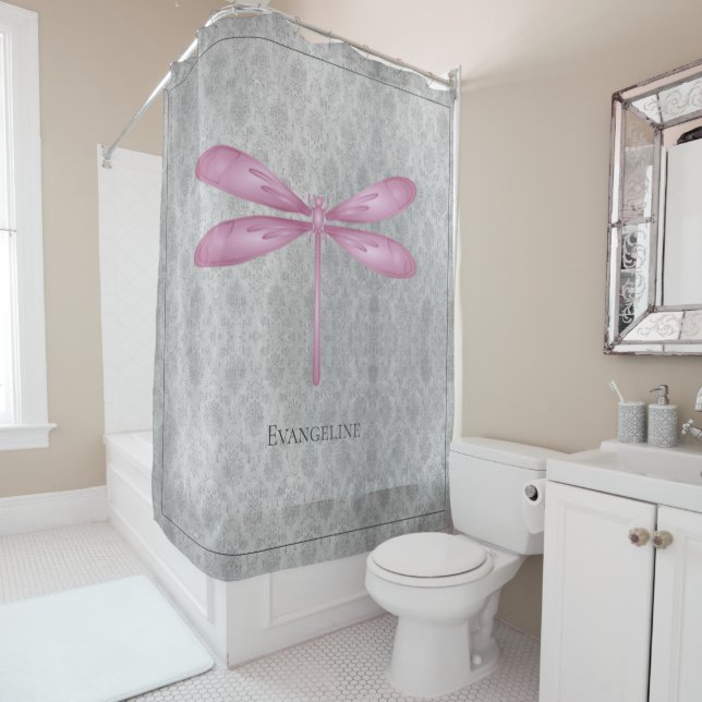 Magenta Dragonfly Damask Shower Curtain (In Situ)