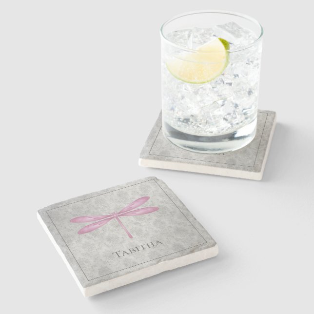 Magenta Dragonfly Damask Stone Coaster (Side)