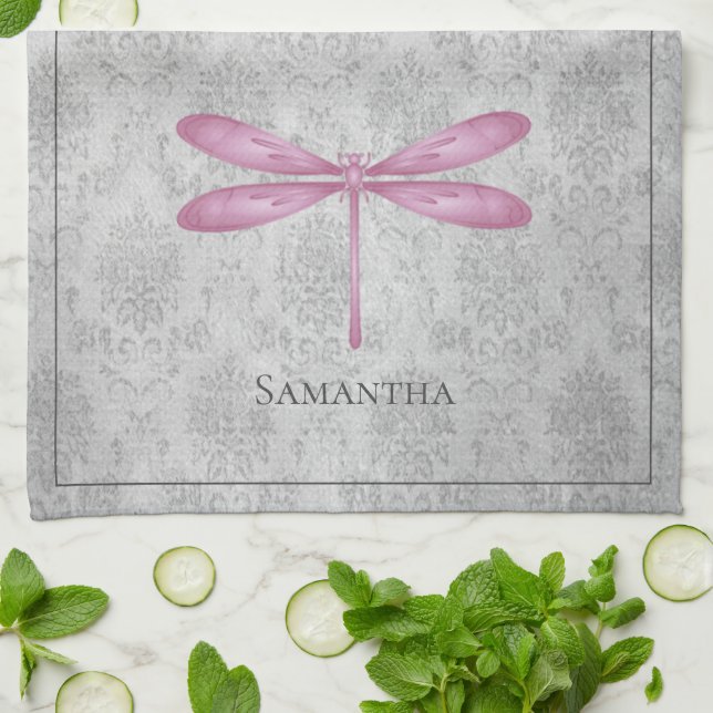 Magenta Dragonfly Damask Tea Towel (Folded)
