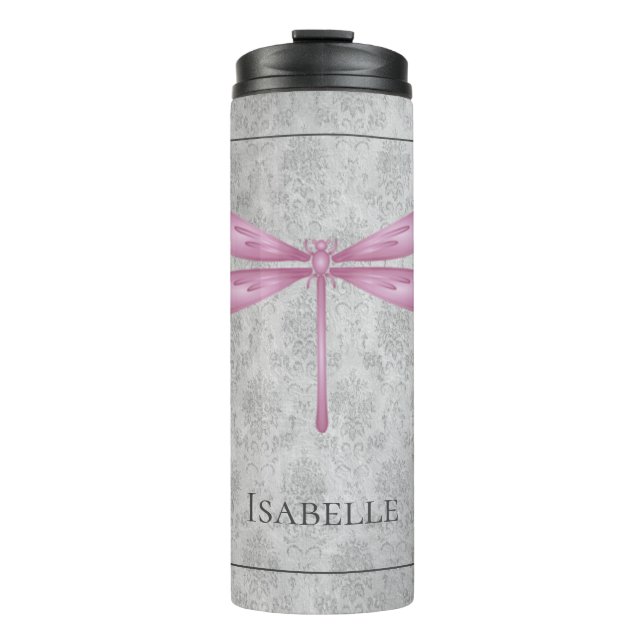 Magenta Dragonfly Damask Thermal Tumbler (Front)