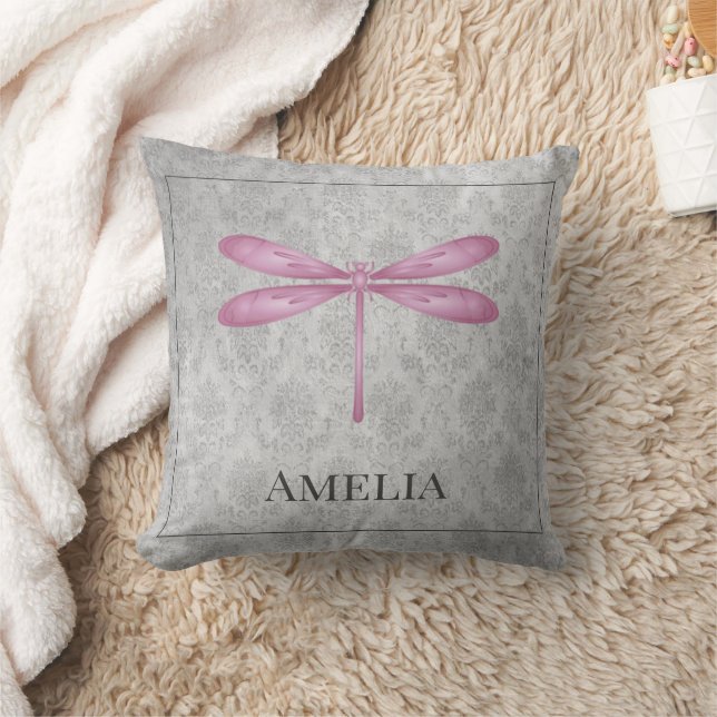 Magenta Dragonfly Damask Throw Pillow (Blanket)
