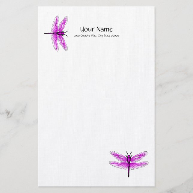 Magenta Dragonfly Linen Stationery (Front)