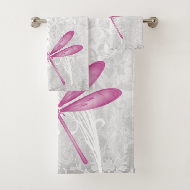 Magenta Dragonfly Personalised Bath Towel Set (Insitu)