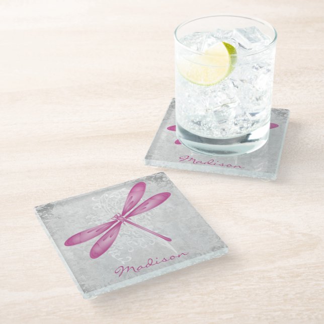 Magenta Dragonfly Personalised Glass Coaster (Angled)