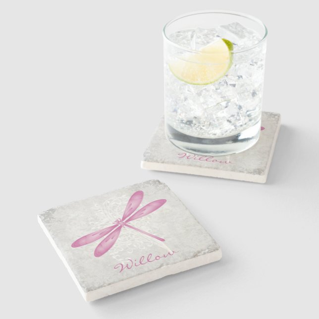 Magenta Dragonfly Personalised Stone Coaster (Side)