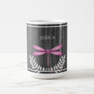 Magenta Dragonfly Rustic Personalised Coffee Mug