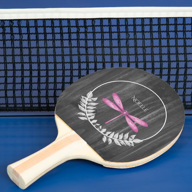 Magenta Dragonfly Rustic Ping Pong Paddle (Insitu)