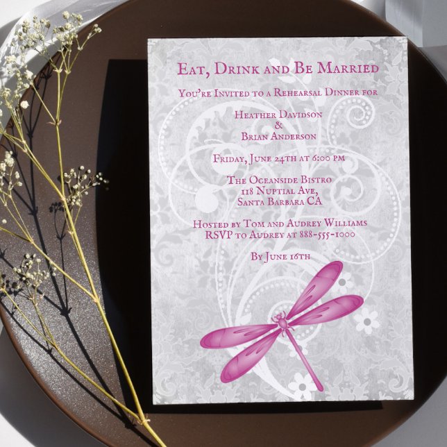 Magenta Dragonfly Wedding Rehearsal Dinner Invite (Magenta Dragonfly Wedding Rehearsal Dinner Invitation)
