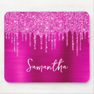 Magenta Dripping Glitter Glam Name Mouse Mat